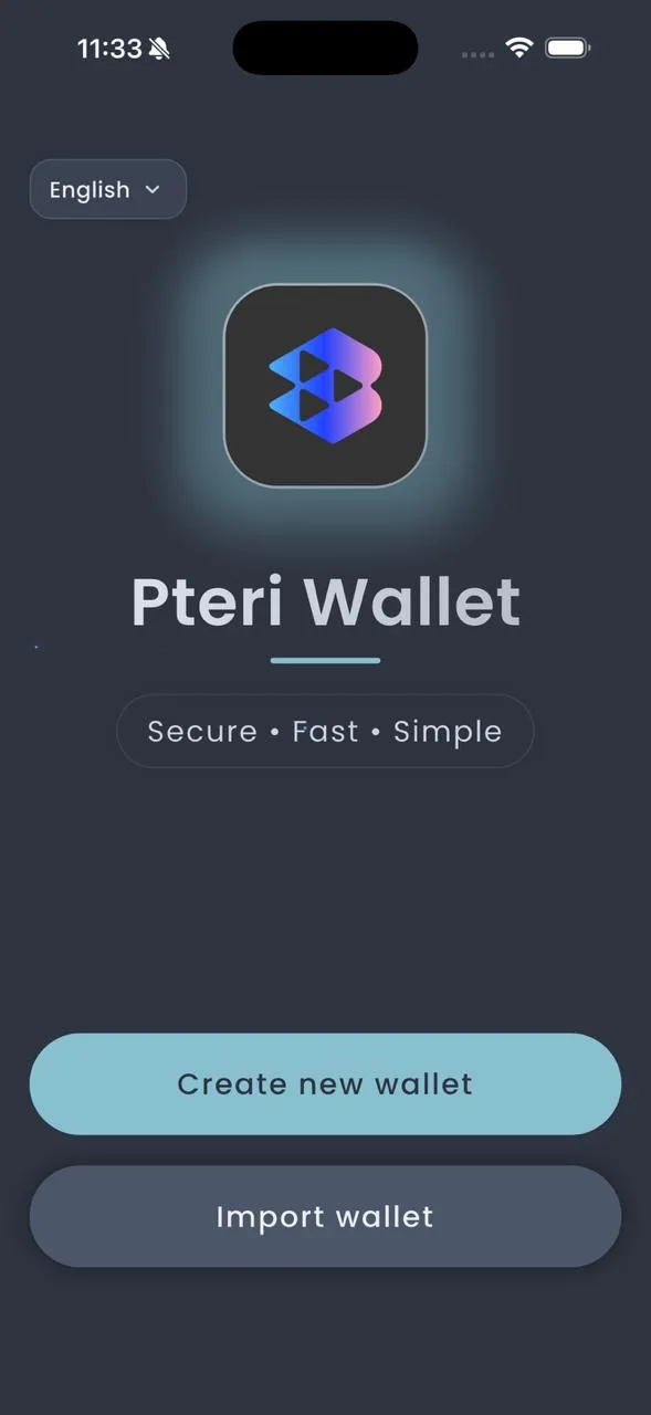 PTERI Wallet welcome screen, slate theme