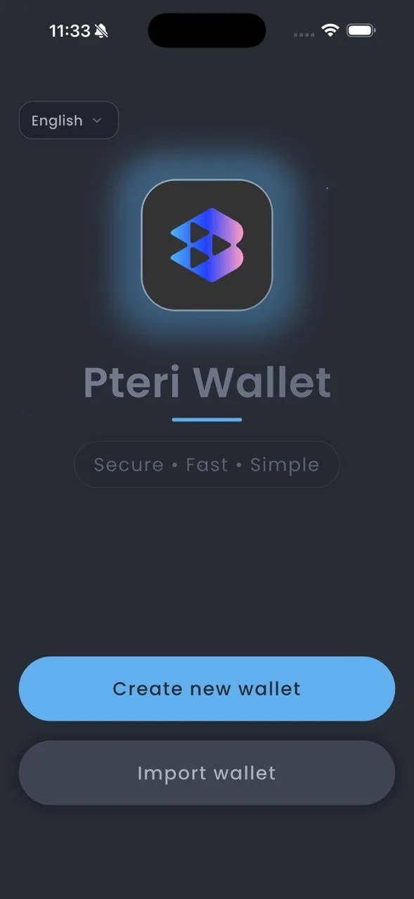 PTERI Wallet welcome screen, sky blue theme