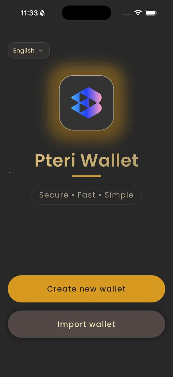 PTERI Wallet welcome screen, amber theme