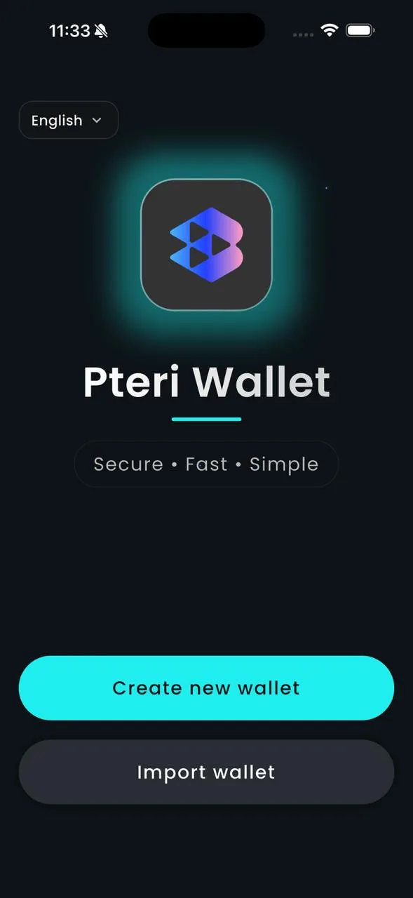 PTERI Wallet welcome screen, cyan, dark theme