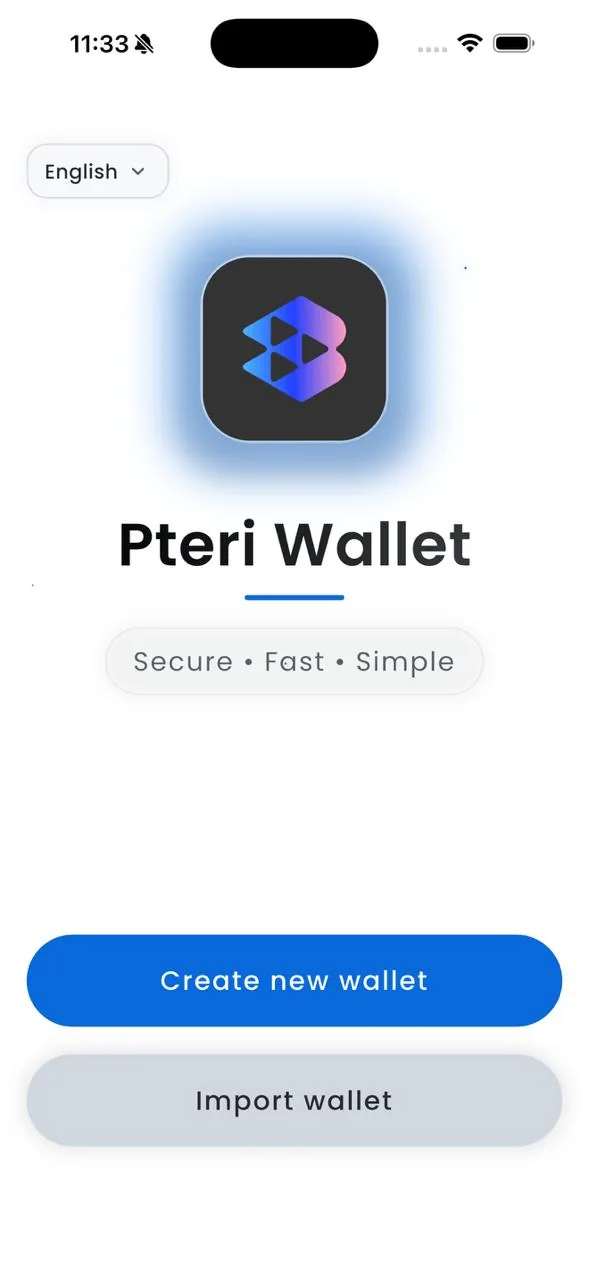 PTERI Wallet welcome screen, blue, light theme