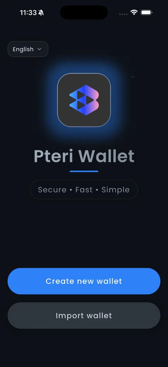 PTERI Wallet welcome screen, blue, dark theme