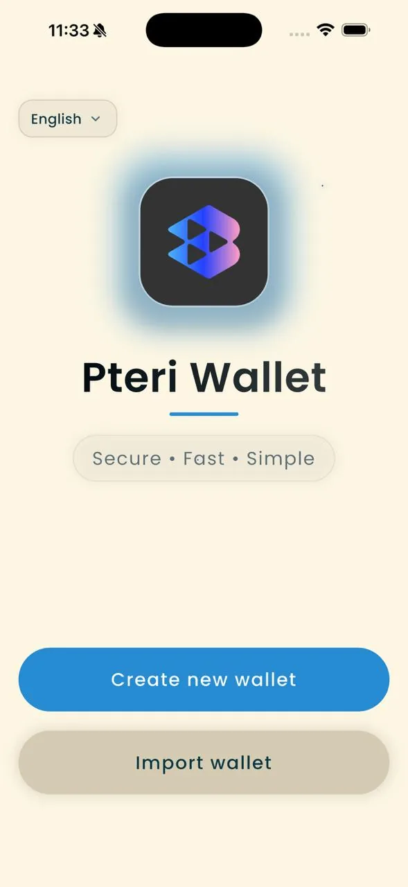 PTERI Wallet welcome screen, blue, cream theme
