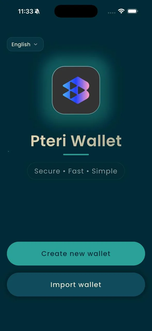 PTERI Wallet welcome screen, teal theme